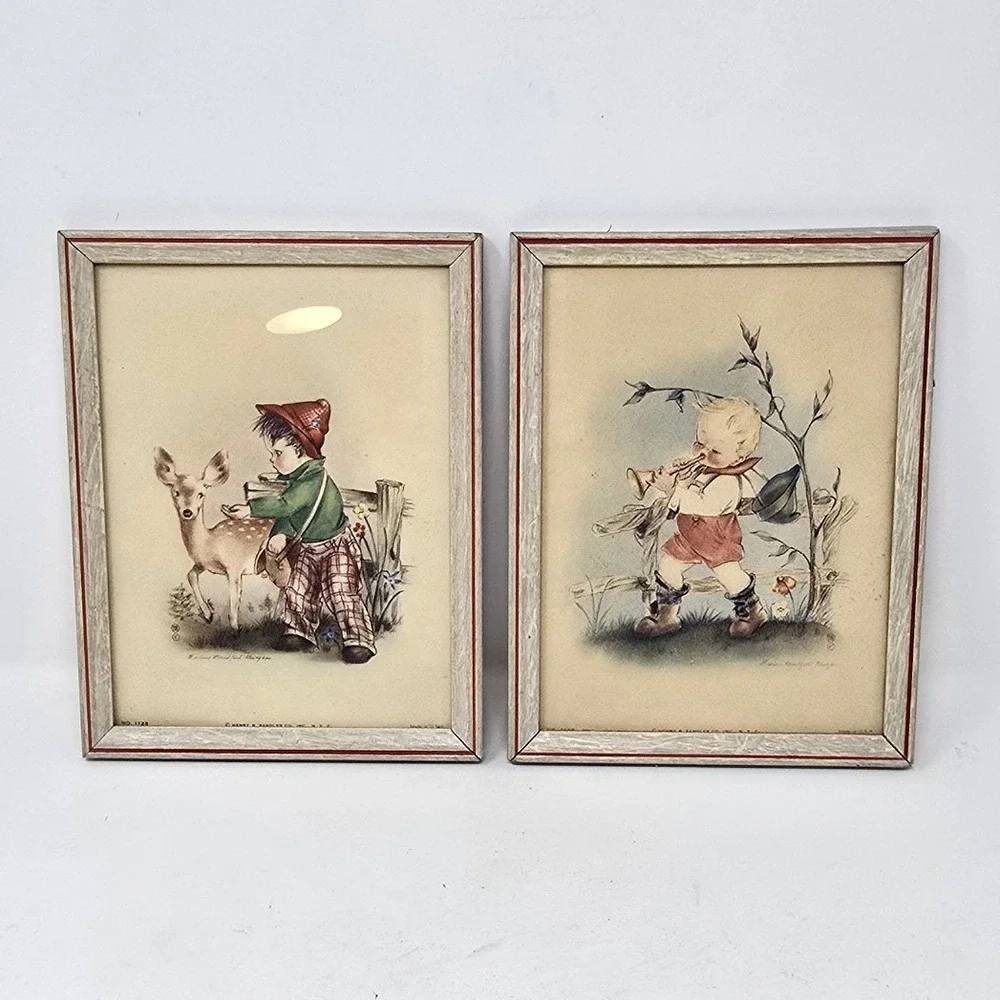 Vtg 1940's Marion Bradford framed pictures wall plaque nursery decor set of 2